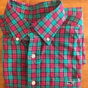 Vineyard Vines Red Green Plaid Tucker Slim Fit Dress Shirt Small Holiday
